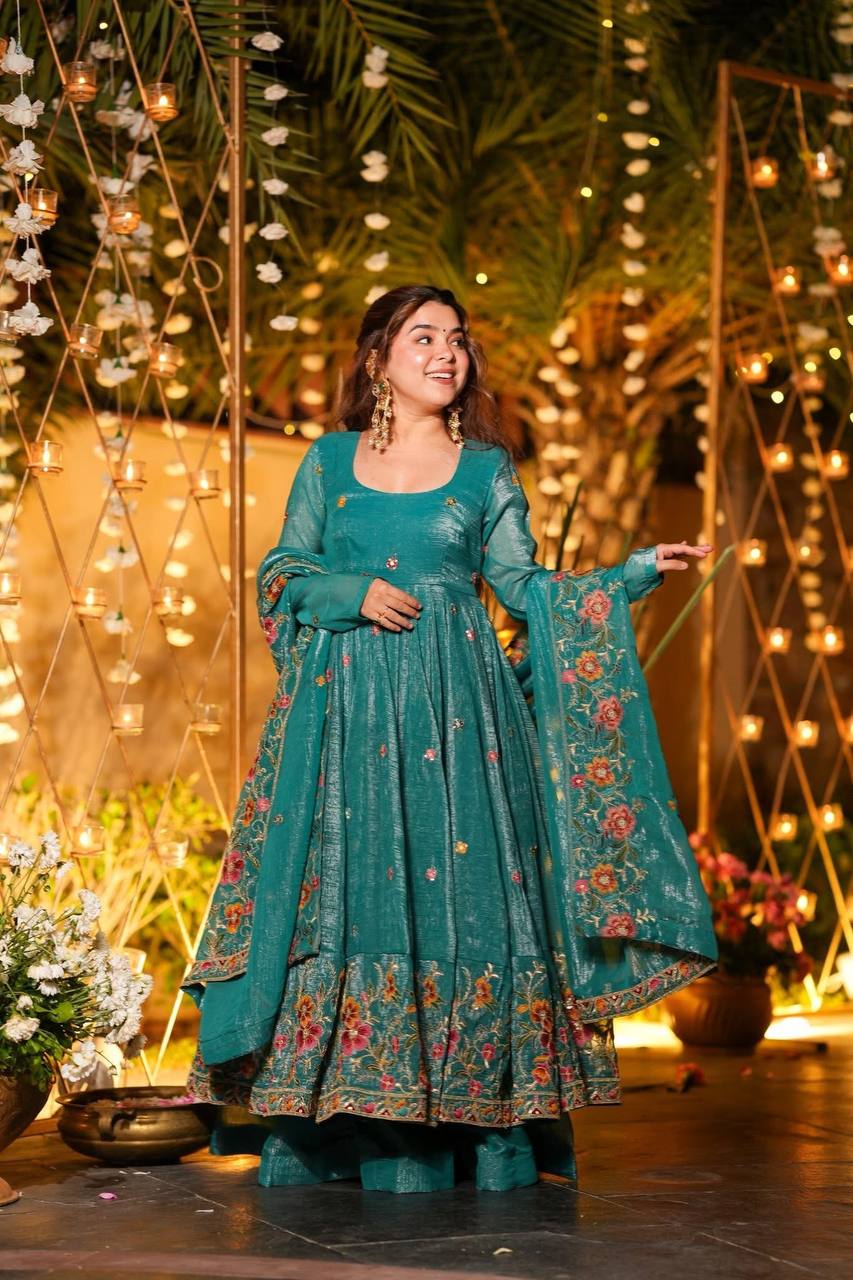 Festive Designer Wear Teal Green Anarkali Sharara Set