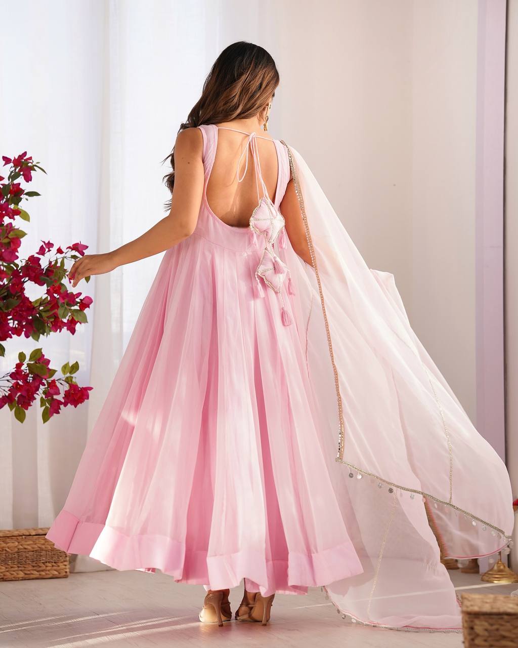 Festive Baby Pink Georgette Anarkali Kurti Pant Set with Mirror Work & Lace Dupatta