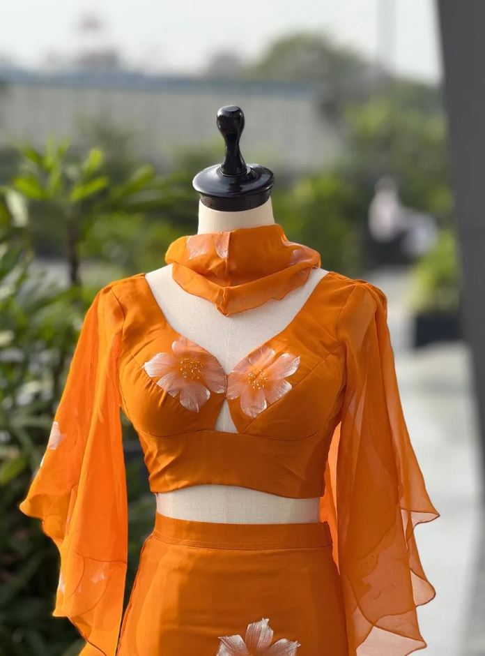 90’s Style Fully Stitched Orange Fish Cut Lehenga Choli For Haldi, Mehendi Wear