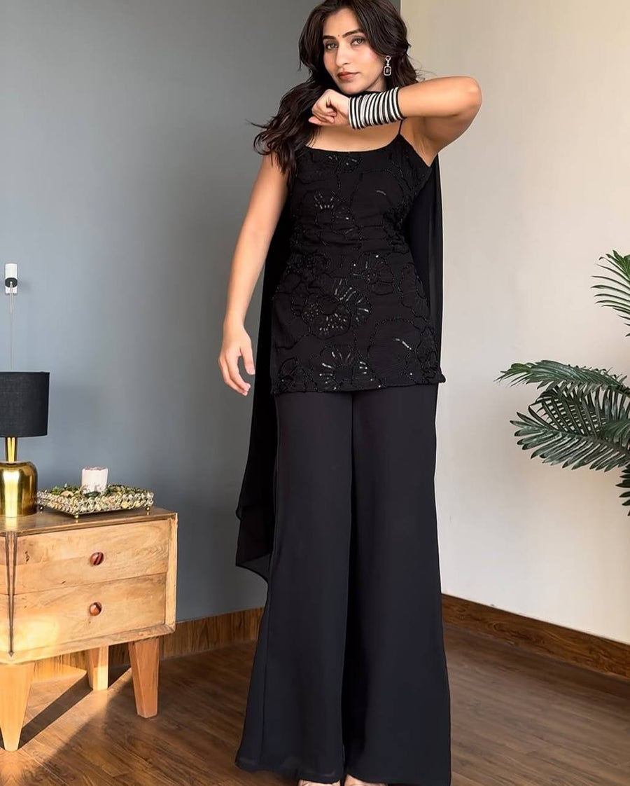 Classic 90's Inpired Black Cosmos Kurta Palazzo Set with Dupatta