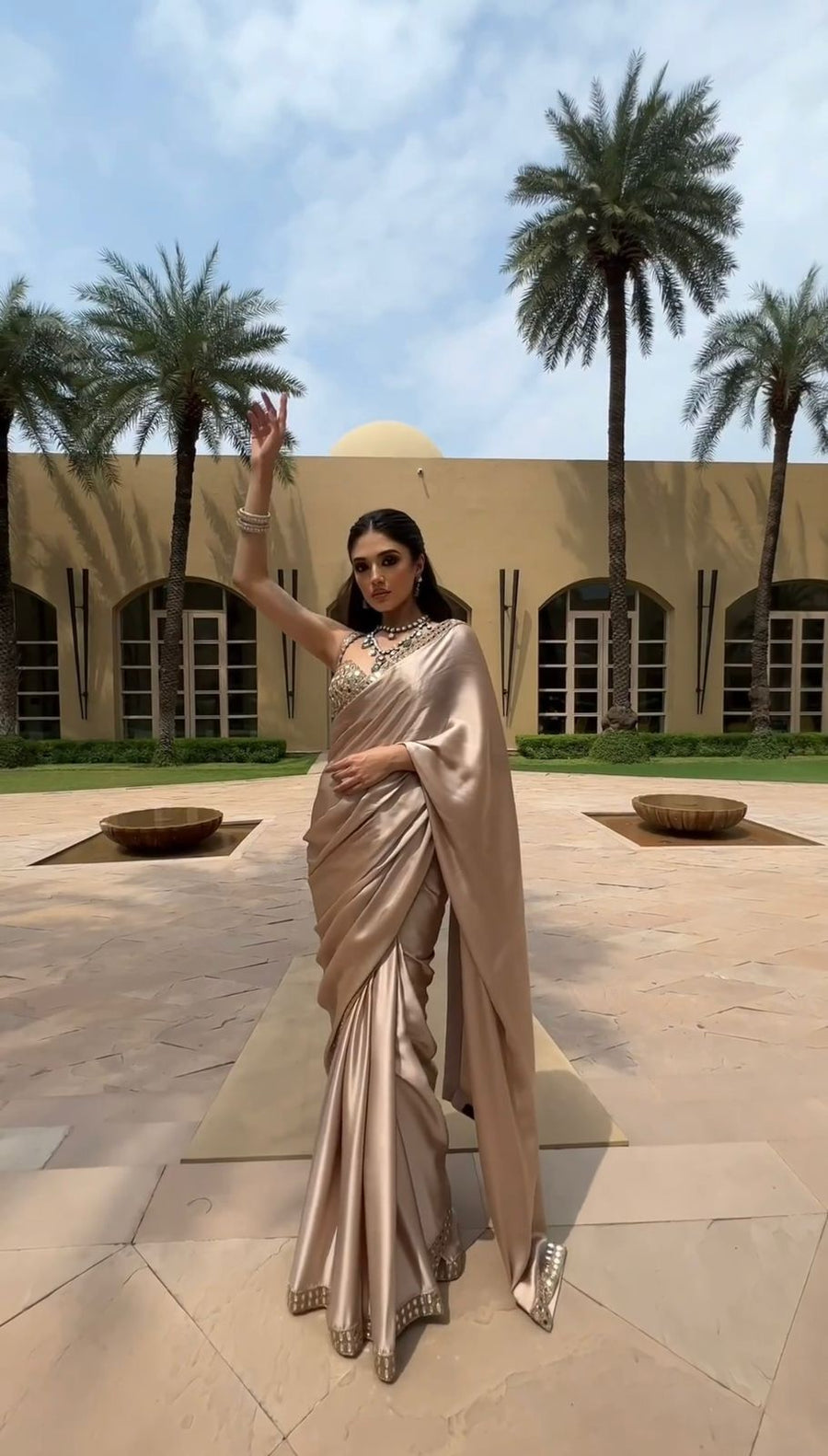 Partywear Champagne Beige Satin Silk Saree with Real Mirror Work Border & Designer Blouse