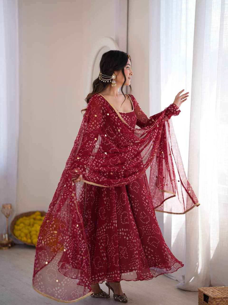 Maroon Anarkali Gown Style Suit Set with Mirror Work Dupatta | Festive & Function Wear