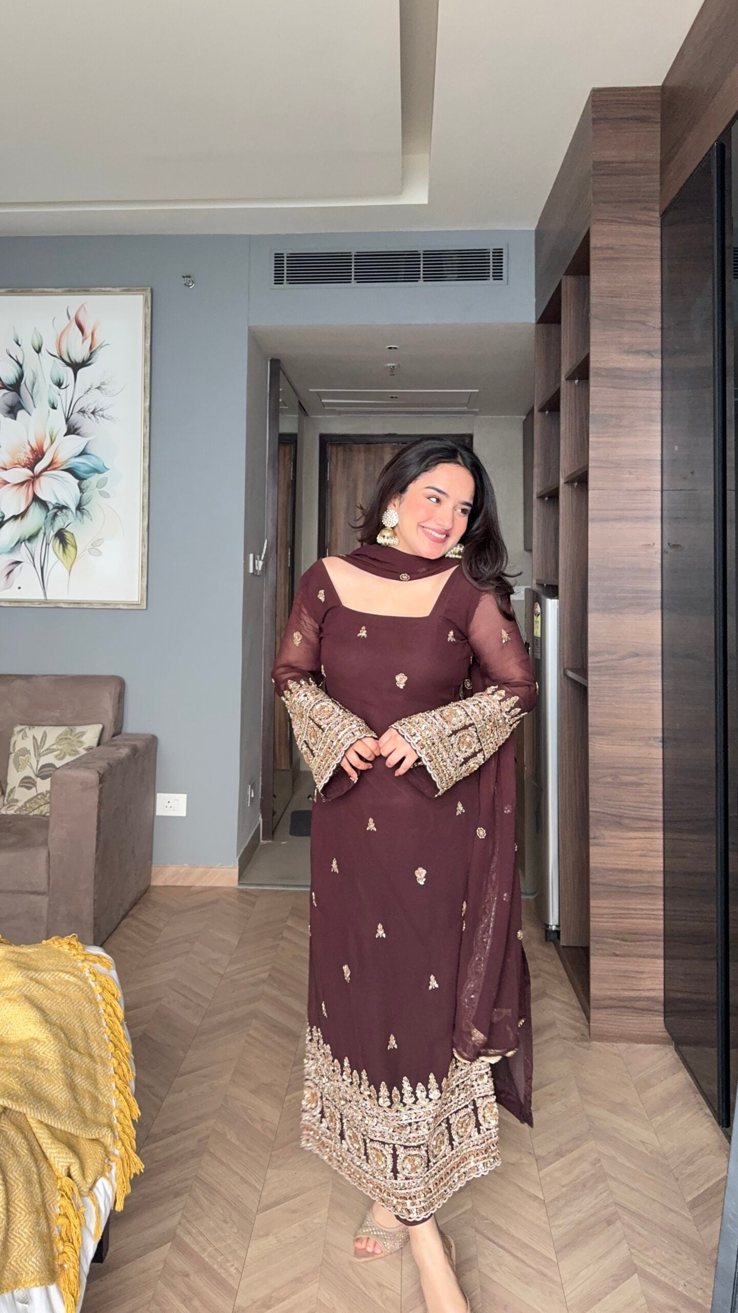 Wine Faux Blooming Anarkali Suit Set with Zari Embroidered Dupatta | Festive & Party Wear