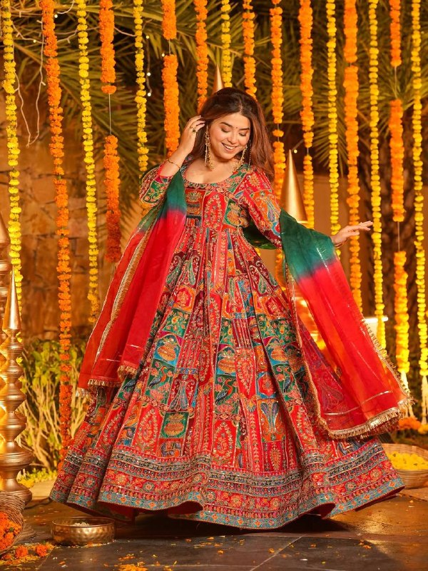 Red Multicolor Embroidered Anarkali Suit Set with Dupatta for Women