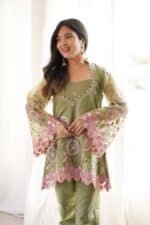 Olive Green Embroidered Co-Ord Set for Women | Designer Silk Palazzo Set with Sequins Work