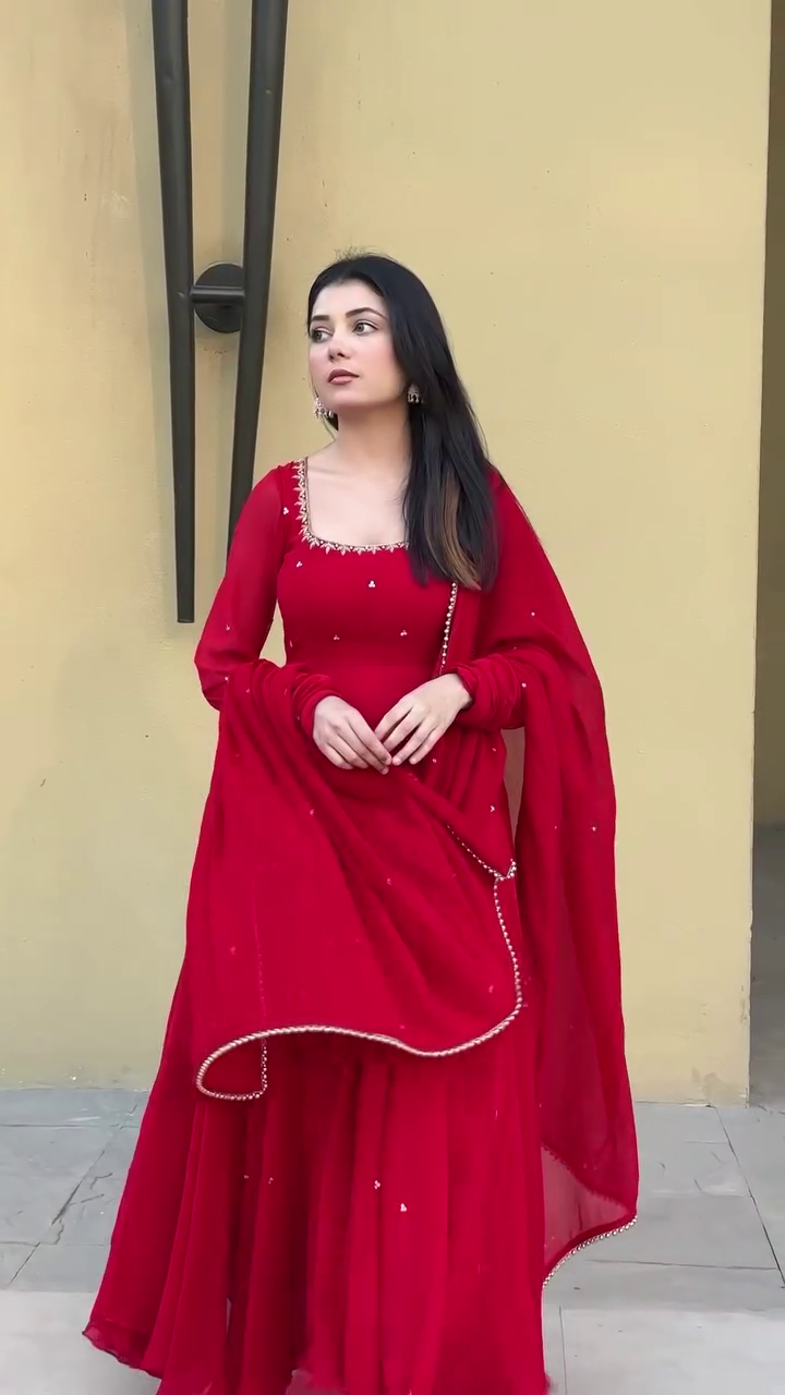 Red Heavy Georgette Handwork Anarkali Suit with Lace Dupatta & Cotton Silk Pants