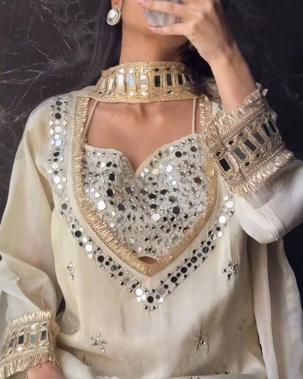 Party Wear Mirror Work Palazzo Suit Set for Women | White Mirror Work Sharara Set For Women