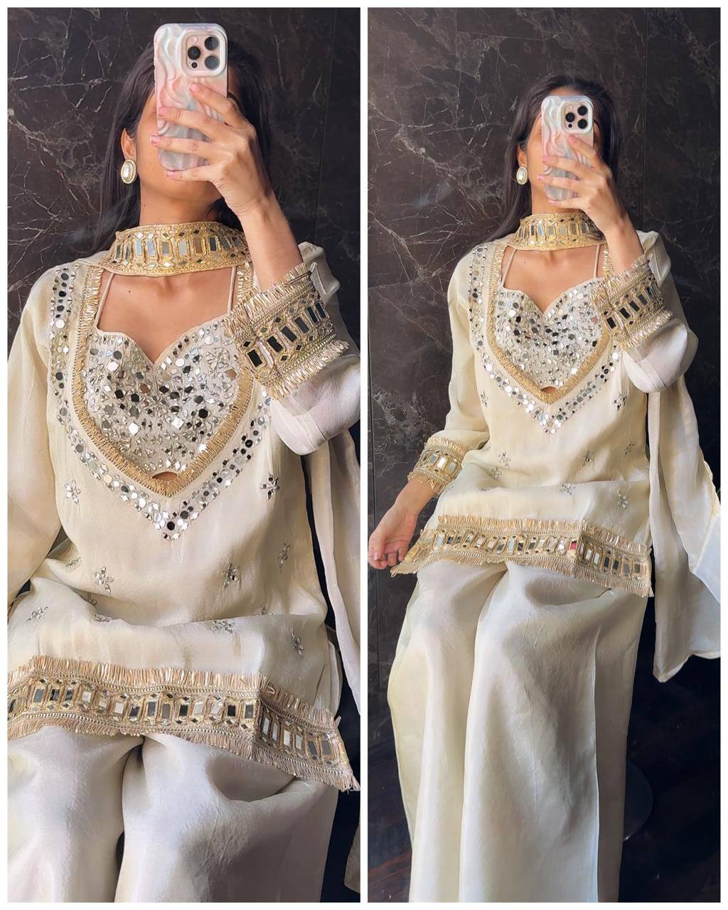 Party Wear Mirror Work Palazzo Suit Set for Women | White Mirror Work Sharara Set For Women