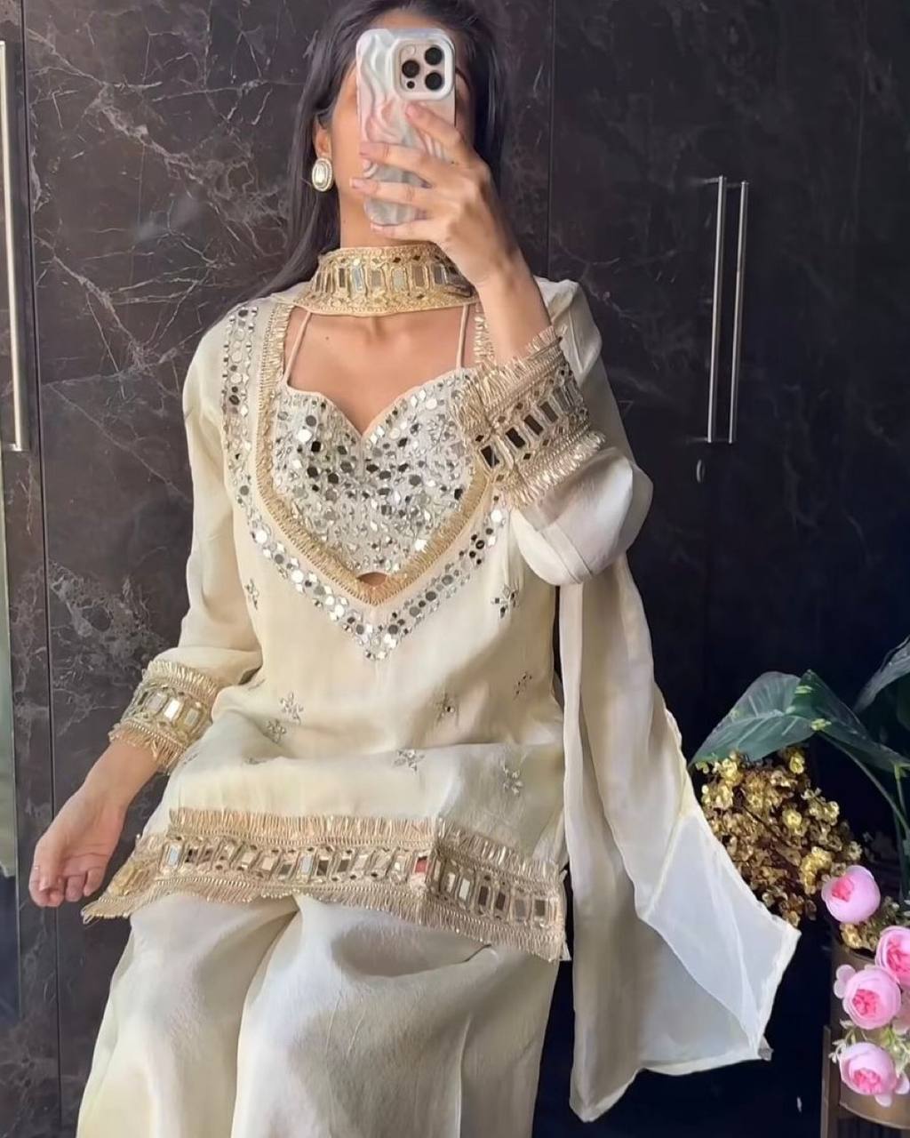 Party Wear Mirror Work Palazzo Suit Set for Women | White Mirror Work Sharara Set For Women