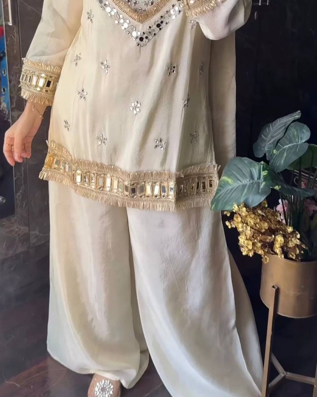 Party Wear Mirror Work Palazzo Suit Set for Women | White Mirror Work Sharara Set For Women