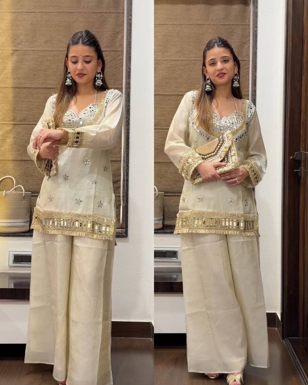 Party Wear Mirror Work Palazzo Suit Set for Women | White Mirror Work Sharara Set For Women
