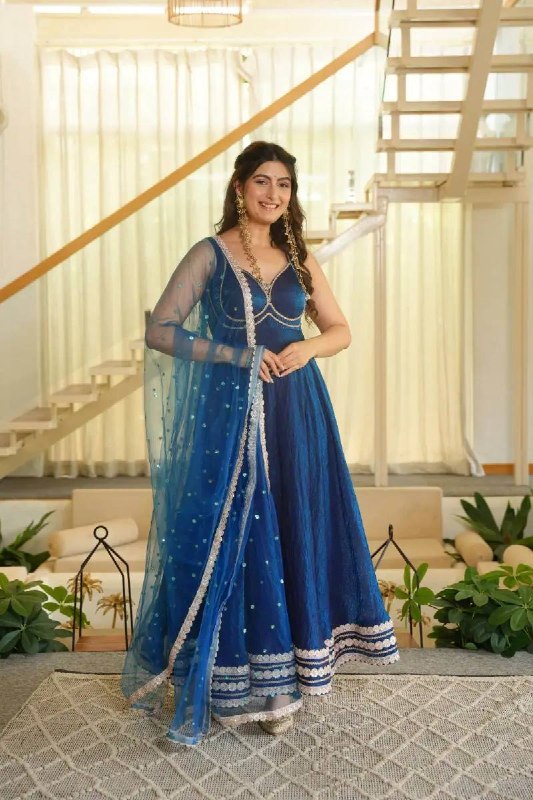 Festive Wear Navy Blue Fendy Silk Anarkali Gown with Net Dupatta Set for Women