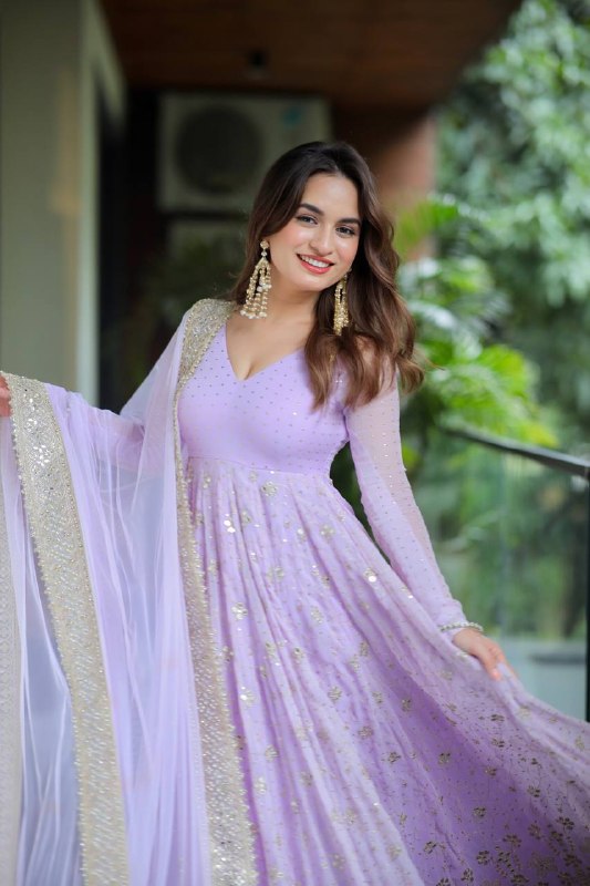Wedding Wear Lavender Sequin Zari Embroidered Anarkali Suit Set for Women with Dupatta