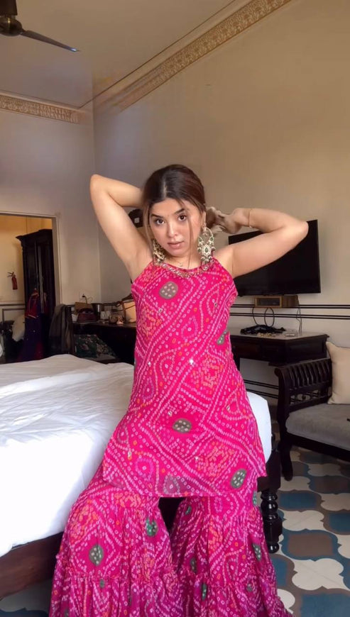 Festive Pink Faux Georgette Mirror Work Sharara Suit Set with Dupatta