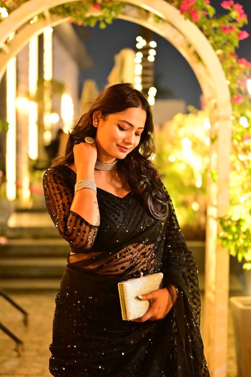 Black Net Sequin Saree with Jhalar Border – Luxury Partywear Designer Saree