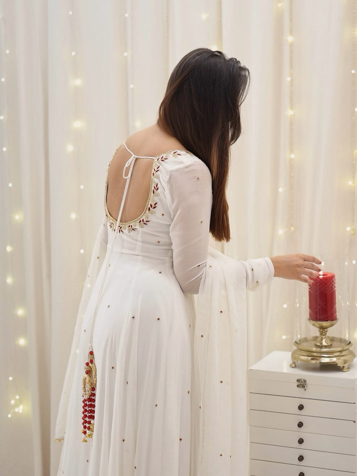 Festive Wear Elegant Apsara Off-White Faux Georgette Anarkali Suit Set with Handwork Dupatta