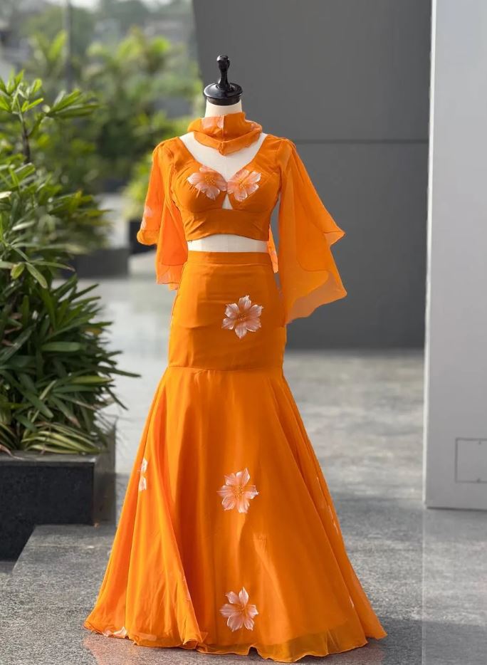 90’s Style Fully Stitched Orange Fish Cut Lehenga Choli For Haldi, Mehendi Wear
