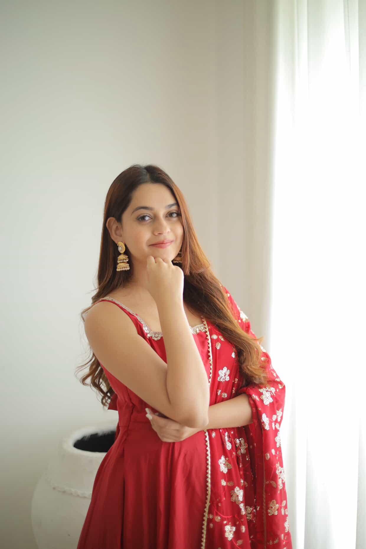 Red Georgette Sleeveless Gown with Sequins Dupatta | Party & Festive Wear