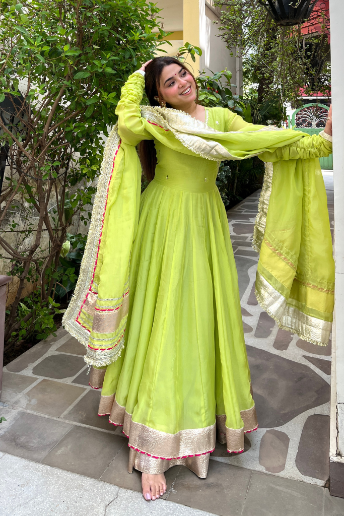 Lime Green Flared Anarkali Suit Set For Women | Ethnic Wear for Wedding, Party & Festive Occasions