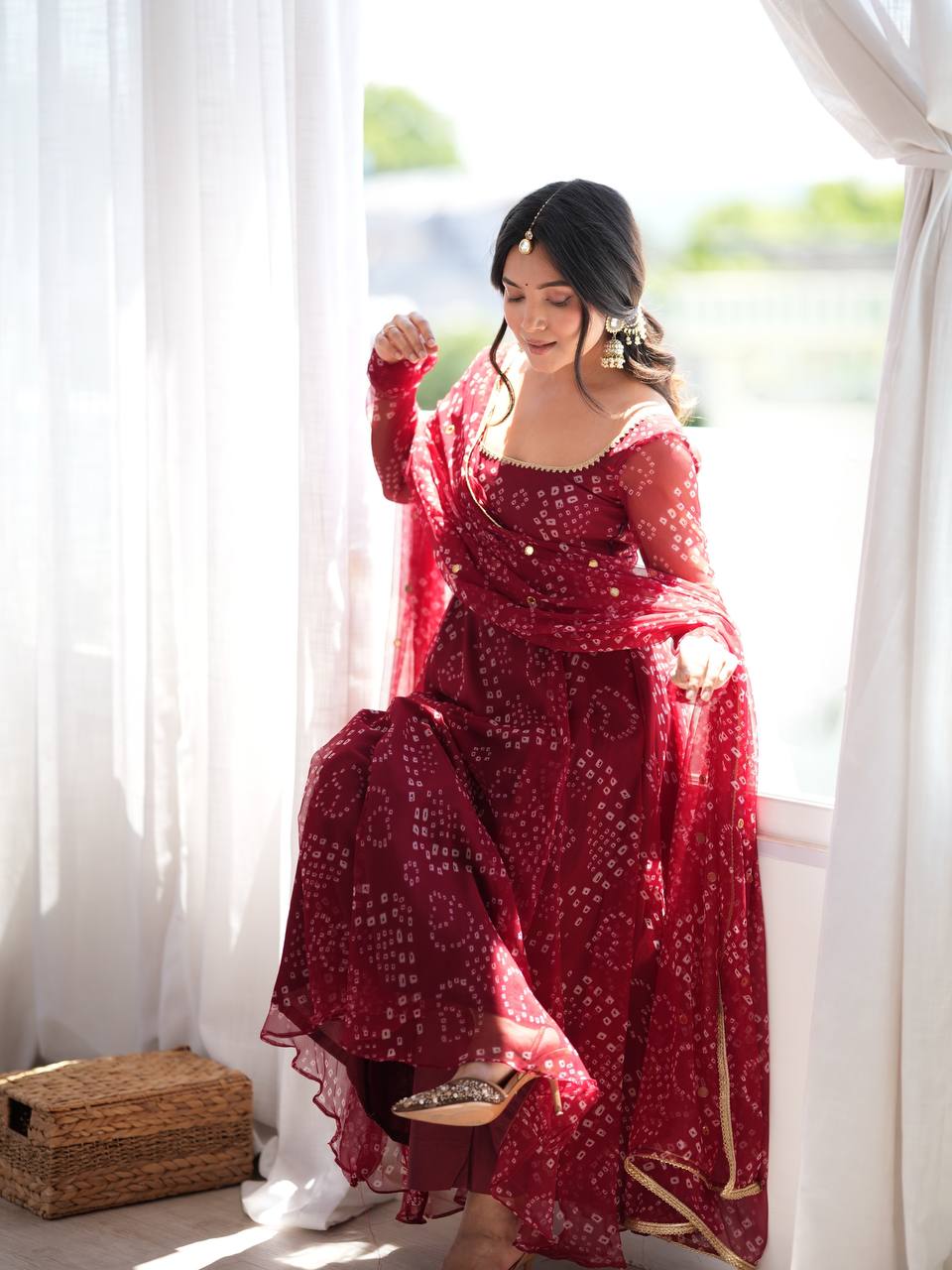 Maroon Anarkali Gown Style Suit Set with Mirror Work Dupatta | Festive & Function Wear