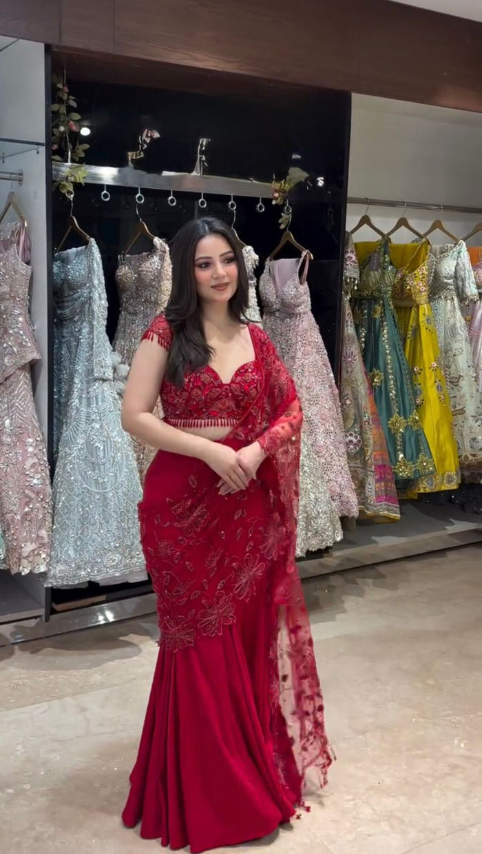 Ruby Red Mermaid Style Ready To Wear Lehenga Saree For Women | Ready To Wear Saree
