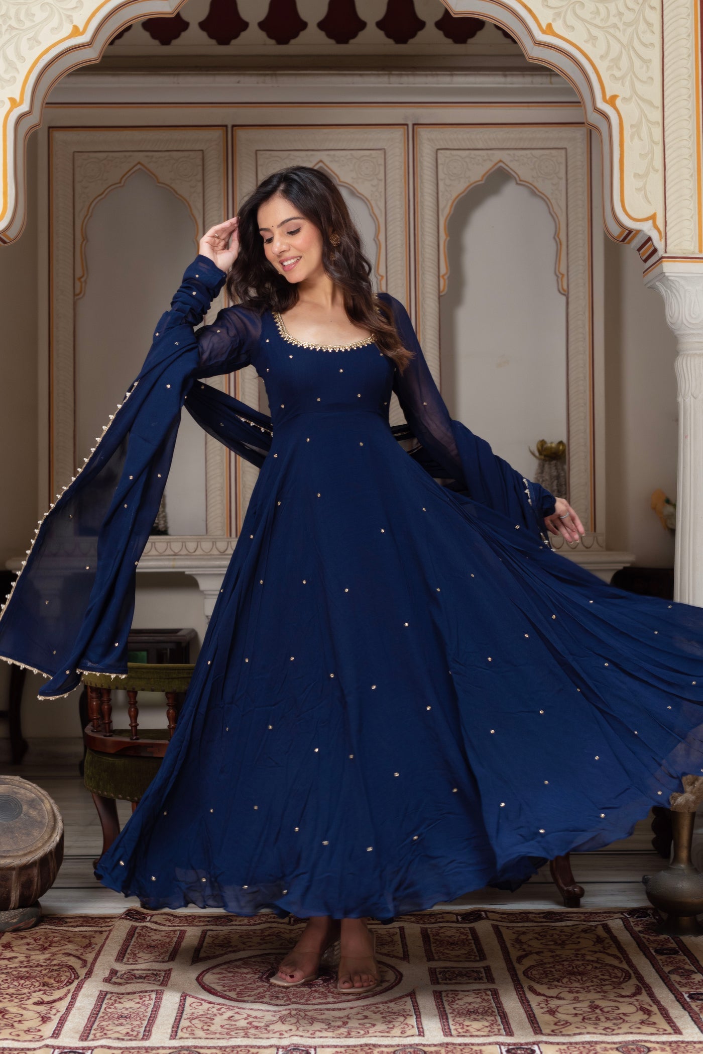 Function Wear Navy Blue Premium Georgette Anarkali Suit Set with Lace Border Dupatta