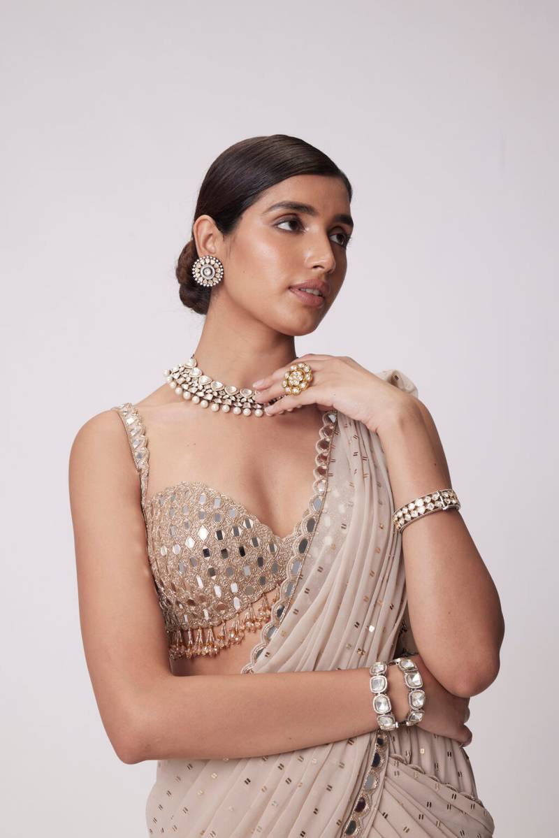 Ready To Wear Faux Georgette Mirror Work Lehenga Saree with Unstitched Blouse