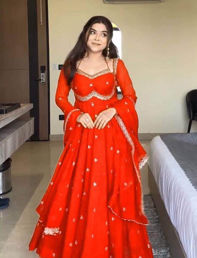 Red Chilli Slit Anarkali Premium Suit Set | Festive & Party Wear Style