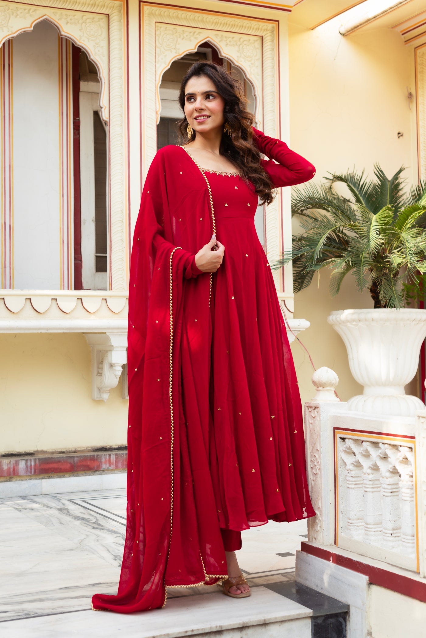 Party Wear Crimson Red Premium Georgette Flared Anarkali Suit Set with Dupatta