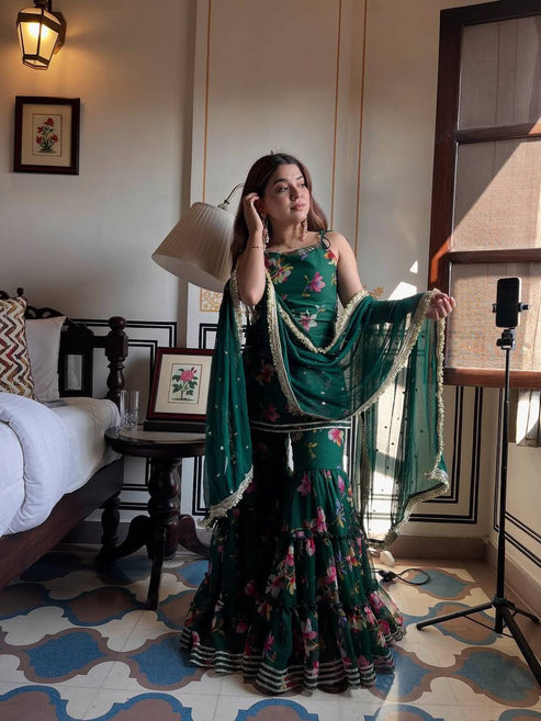 Party Wear Emerald Green Floral Printed Sharara Set with Lace & Sequins Dupatta