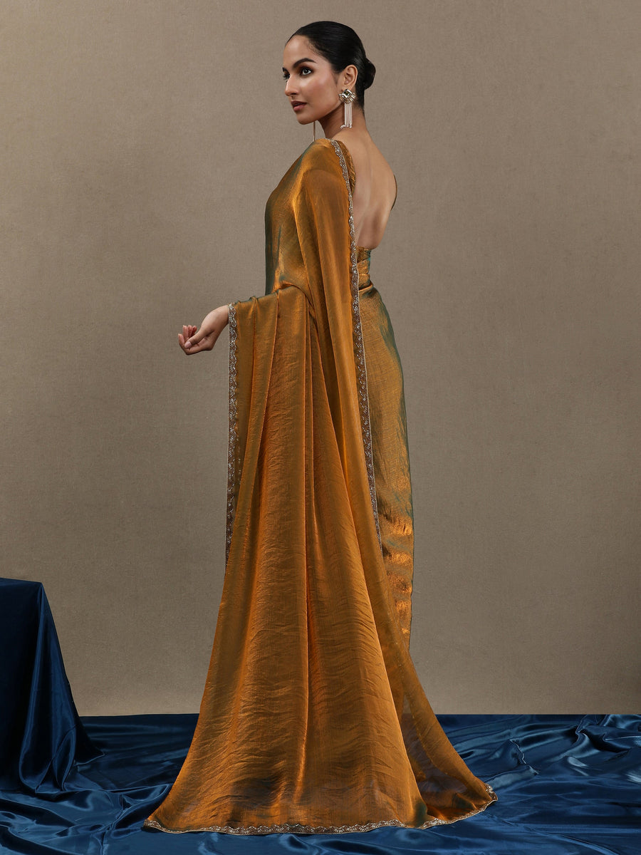 Bronze Gold Soft Organza Saree with Minimal Border – Elegant Partywear Saree