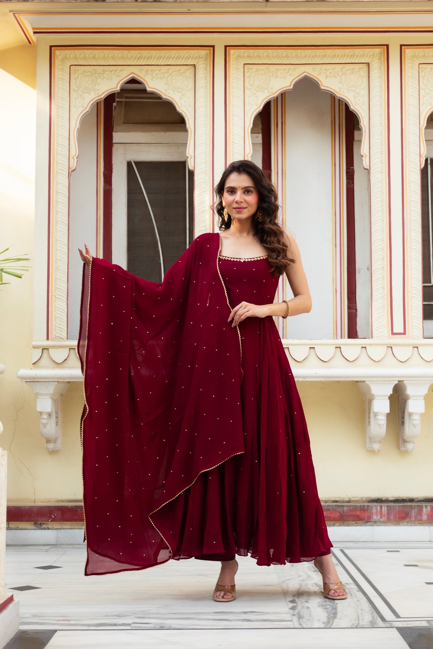 Party Wear Maroon Real Mirror Anarkali Kurta Palazzo Set