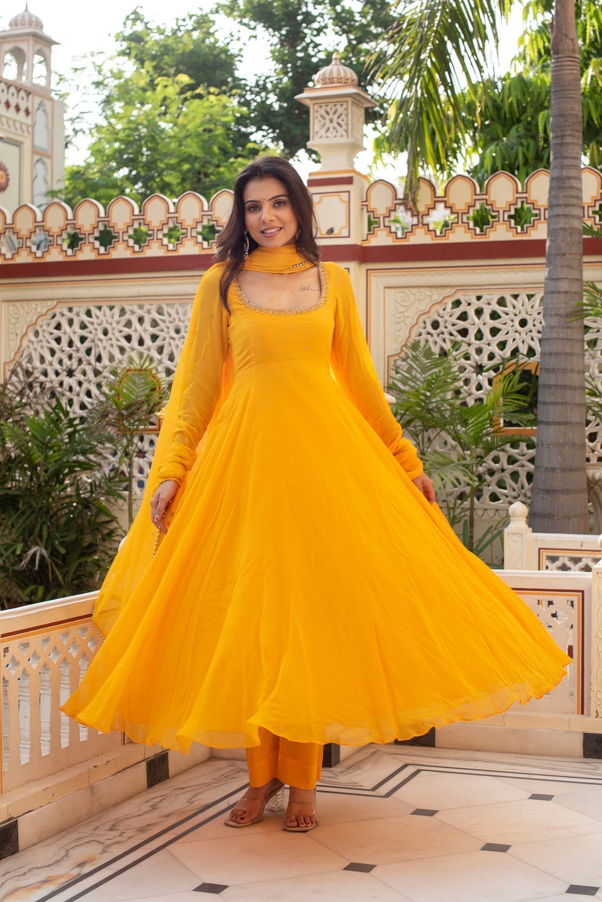 Beautiful Yellow Anarkali Suit Set with Georgette Dupatta
