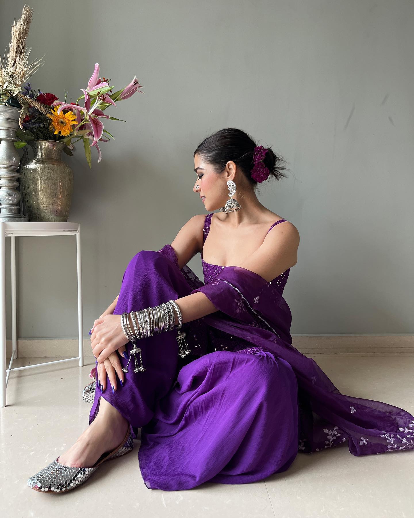 Party Wear Royal Purple Embroidered Georgette Kurti Sharara Set with Dupatta