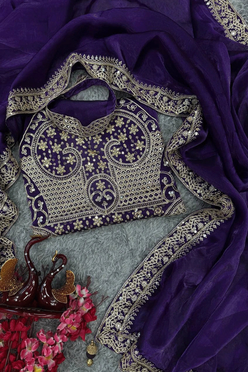 Party & Wedding Wear Designer Royal Purple Embroidered Sequin Saree with Mirror Work