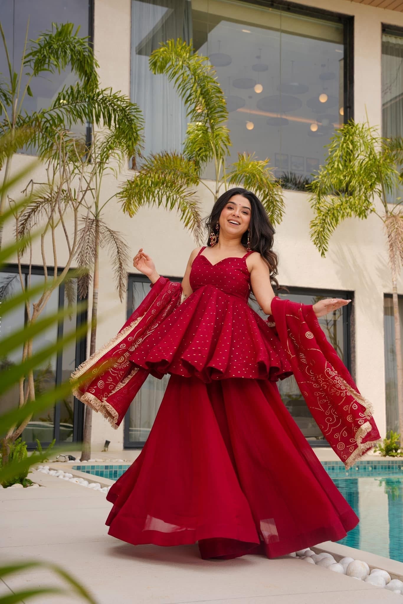 Festive Wine Red Tabby Organza Kurti Palazzo Set with Mukesh Work & Lace Dupatta
