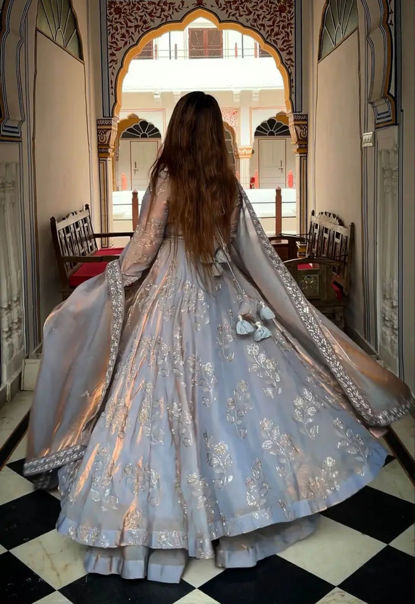 Silver Grey Embroidered Anarkali Palazzo Suit Set for Women | Wedding & Party Wear Palazzo Set