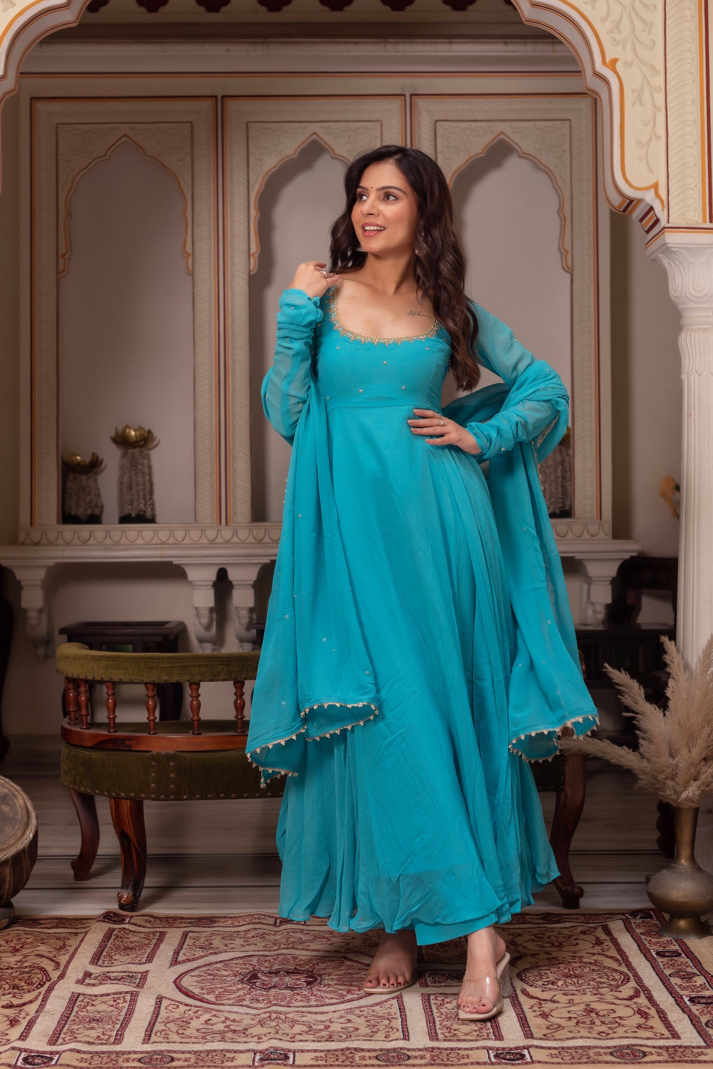 Teal Blue Georgette Anarkali Suit Set with Cotton Lining & Flowing Dupatta For Festive Wear