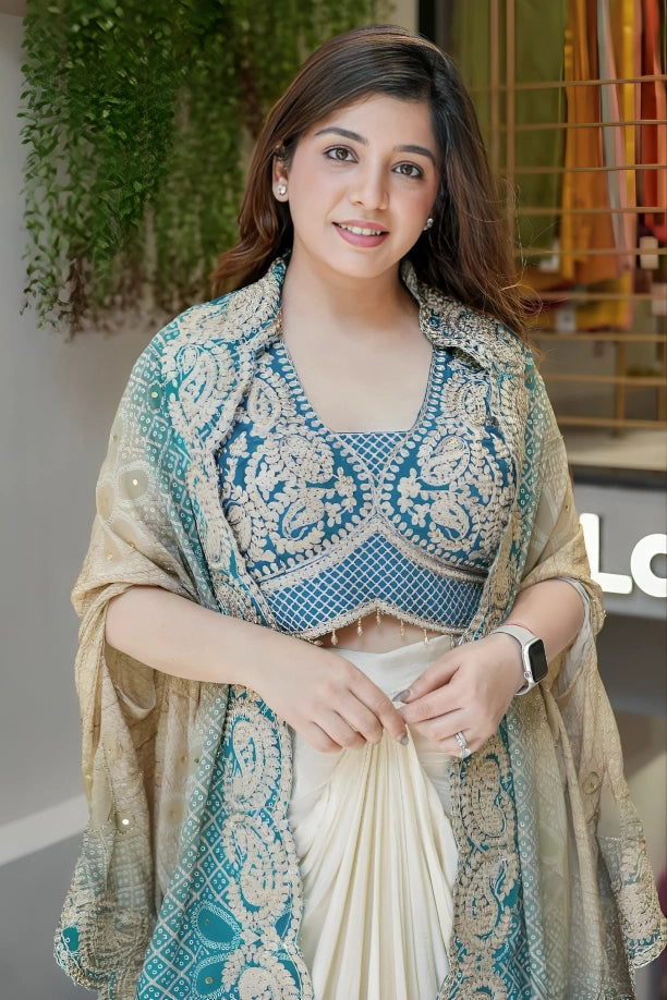 Ivory Pink Indo Western Draped Saree Set with Blouse & Shrug | Indo Western Dress For Women