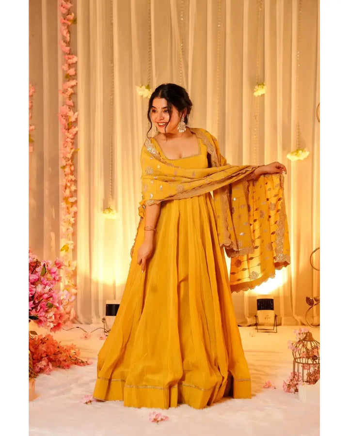 Haldi Wear Mustard Yellow Chinnon Silk Anarkali Suit with Dupatta – Sleeveless & Flared