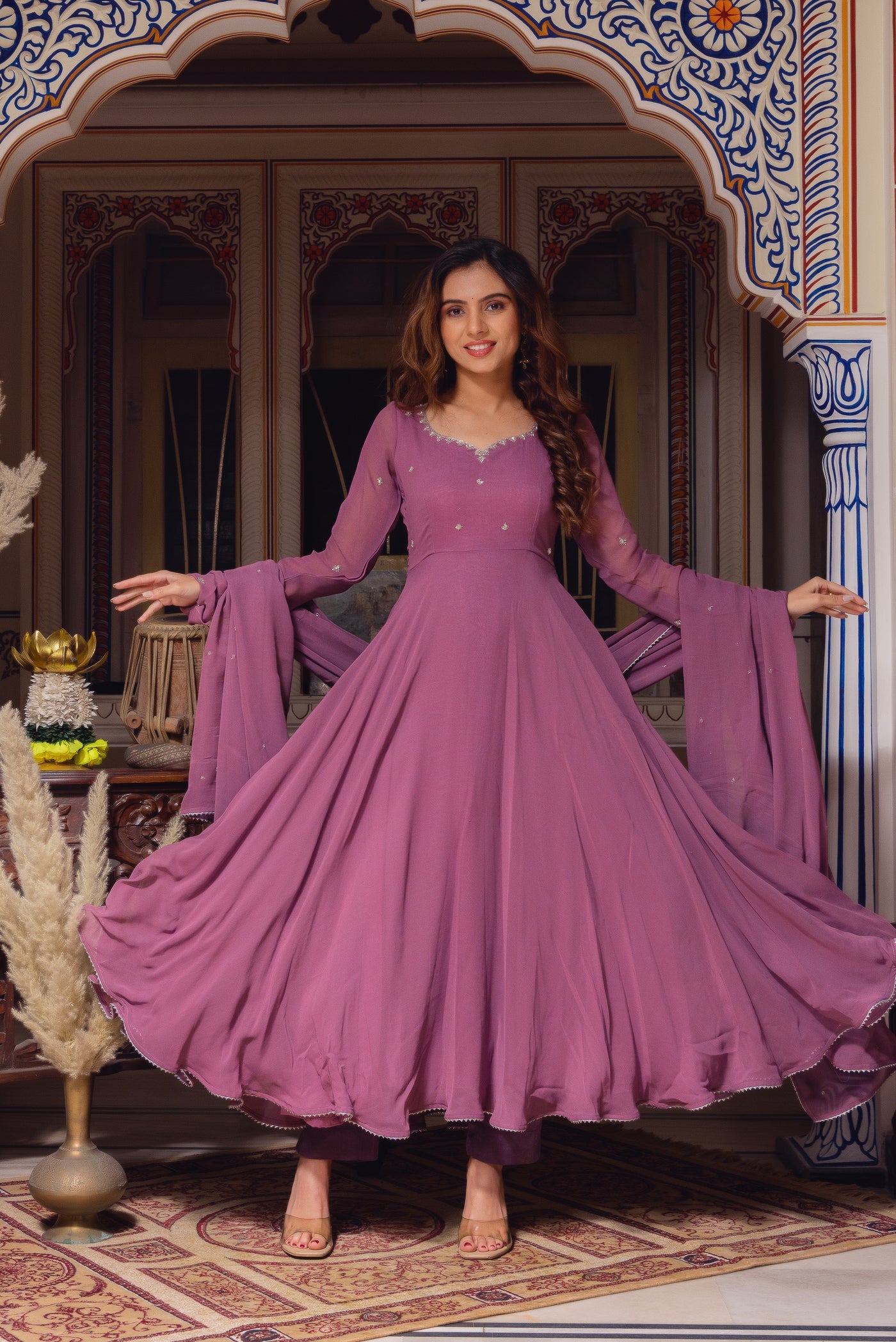 Festive Wear Mauve Faux Georgette Hand Work Gown Suit Set