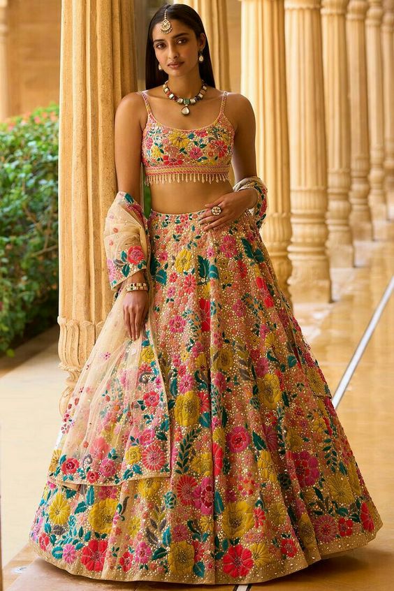 Wedding Wear Multi Color Floral Sequins Embroidered Lehenga For Women | Wedding Outfits For Women