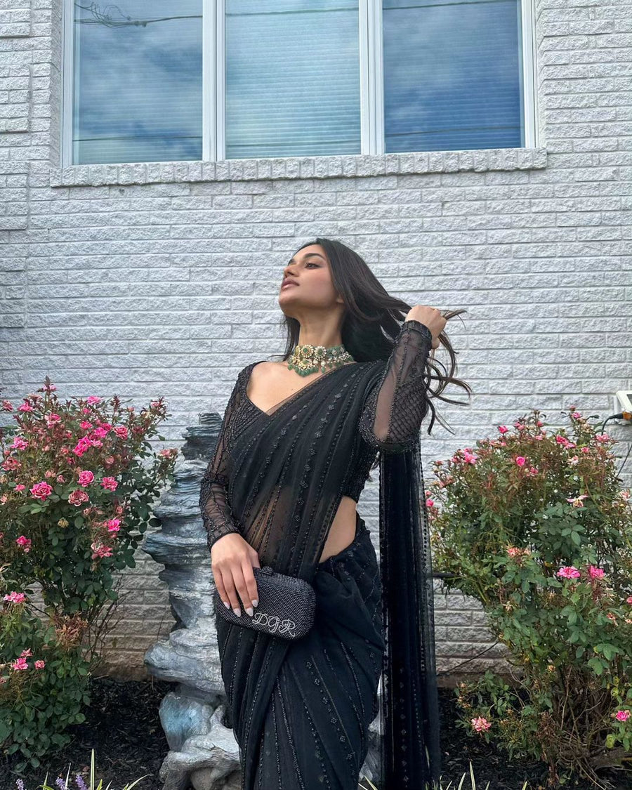 Elegant Black Soft Net Party Saree with All-Over Sequin Work & Designer Lace Border
