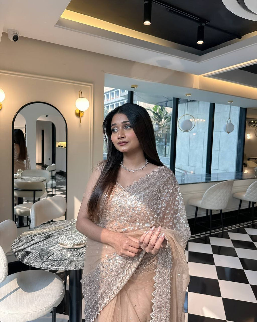 Partywear Beige Butterfly Mono Net Designer Saree with Sequin & Thread Work