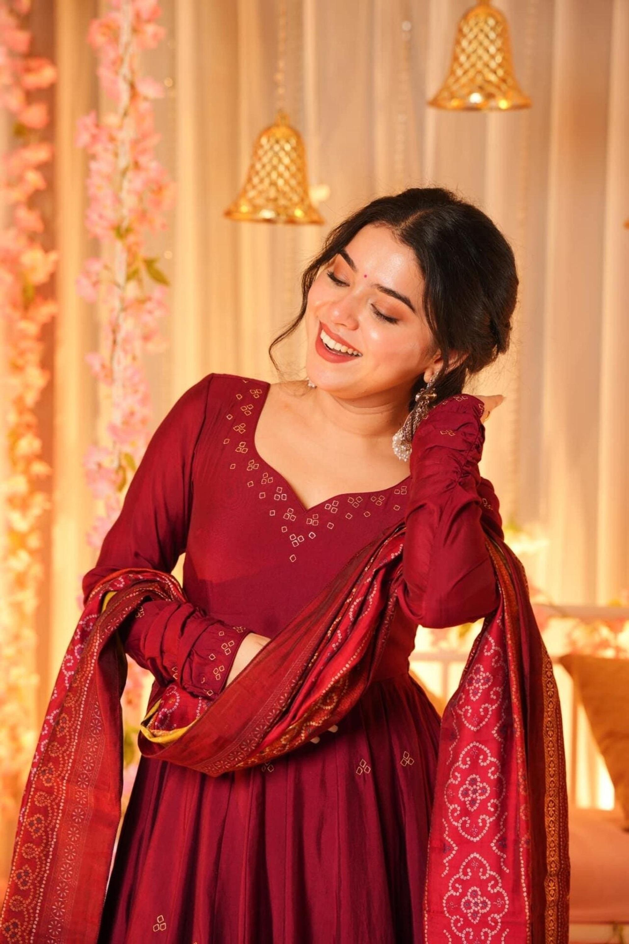 Wine Maroon Cotton Anarkali Kurta Palazzo Set | Festive Wear