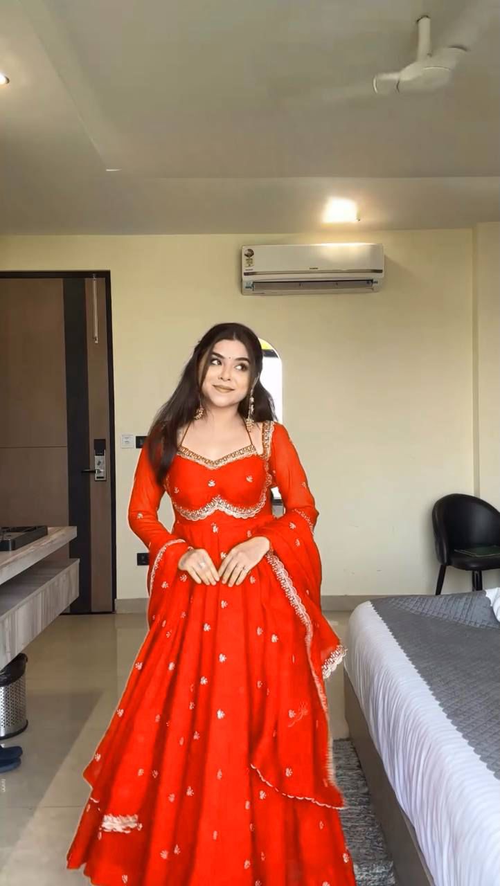 Red Chilli Slit Anarkali Premium Suit Set | Festive & Party Wear Style