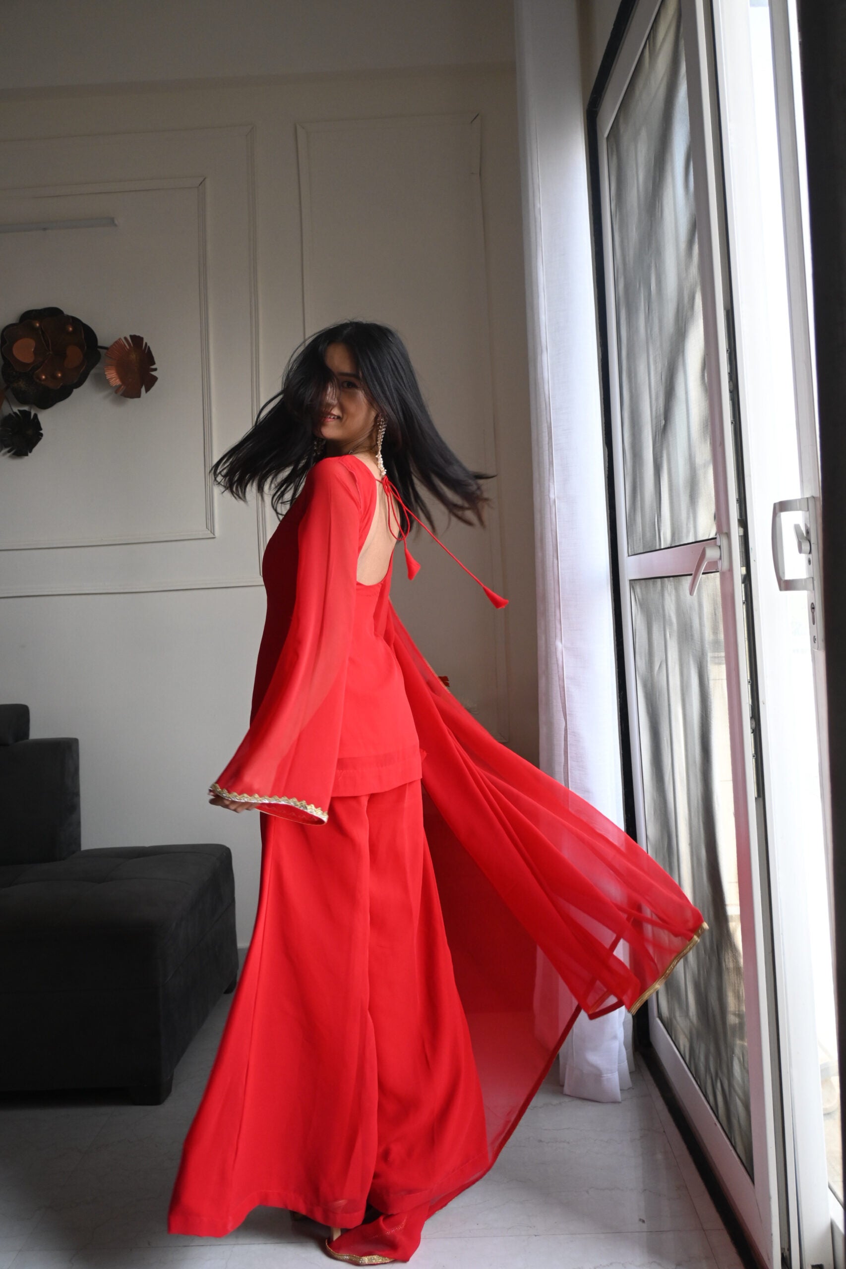 90's Style Red Handcrafted Georgette Palazzo Kurti Set | 90s Dress For Women | 90s Outfits Women