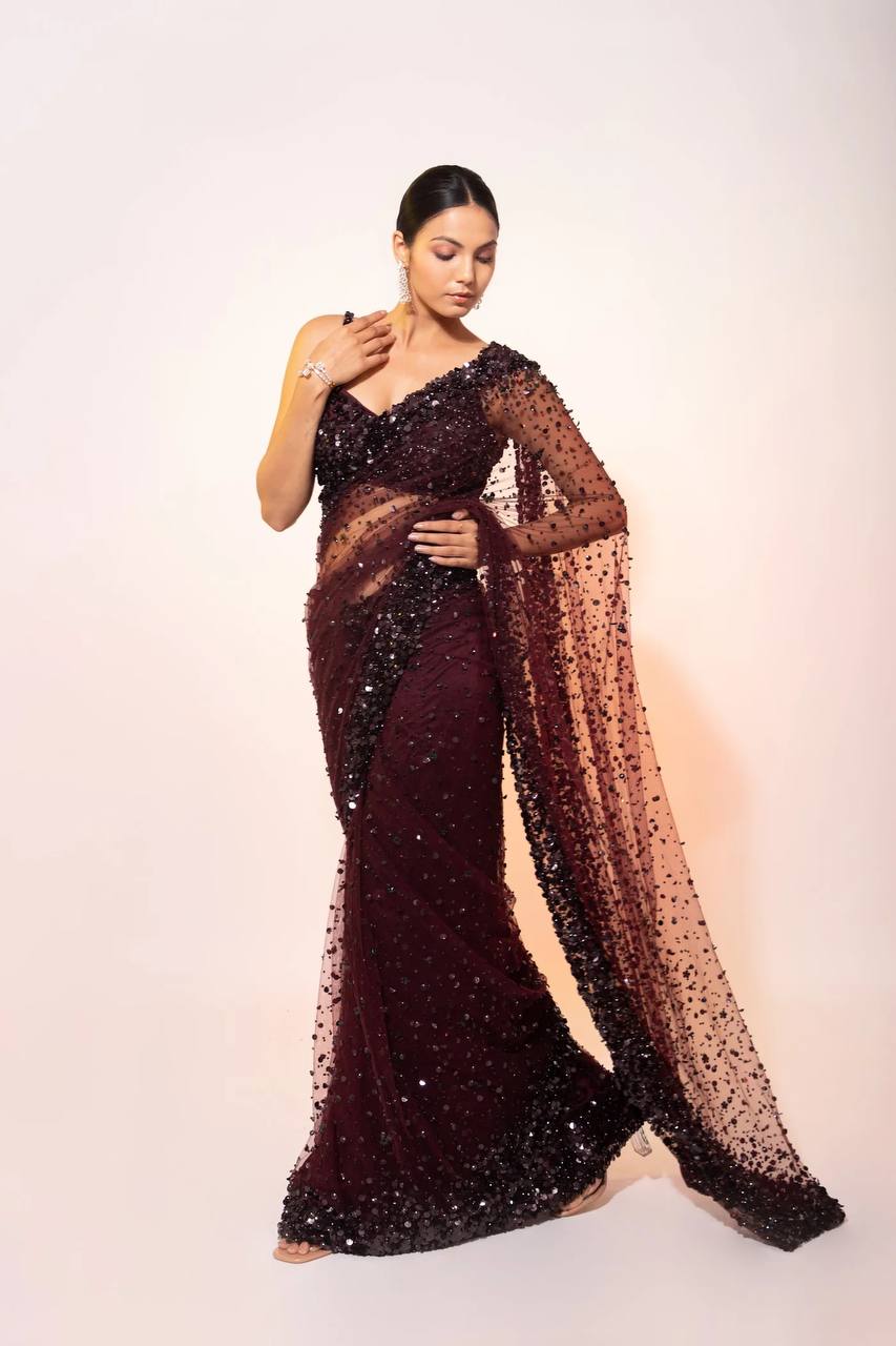 Dark Brown Glamorous Net Saree with Hologram Sequin Work & Banglori Silk Blouse