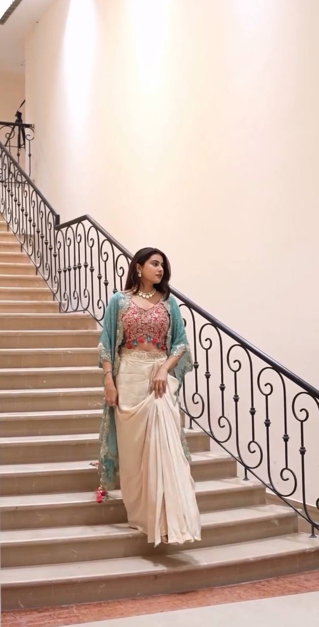 Indo Western Dress For Women | Cream Cowl Skirt & Rama Embroidery Blouse Set with Shrug