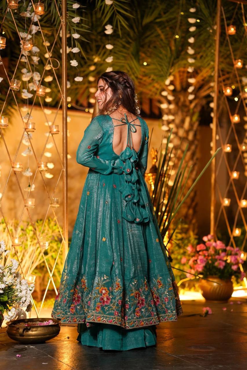 Festive Designer Wear Teal Green Anarkali Sharara Set